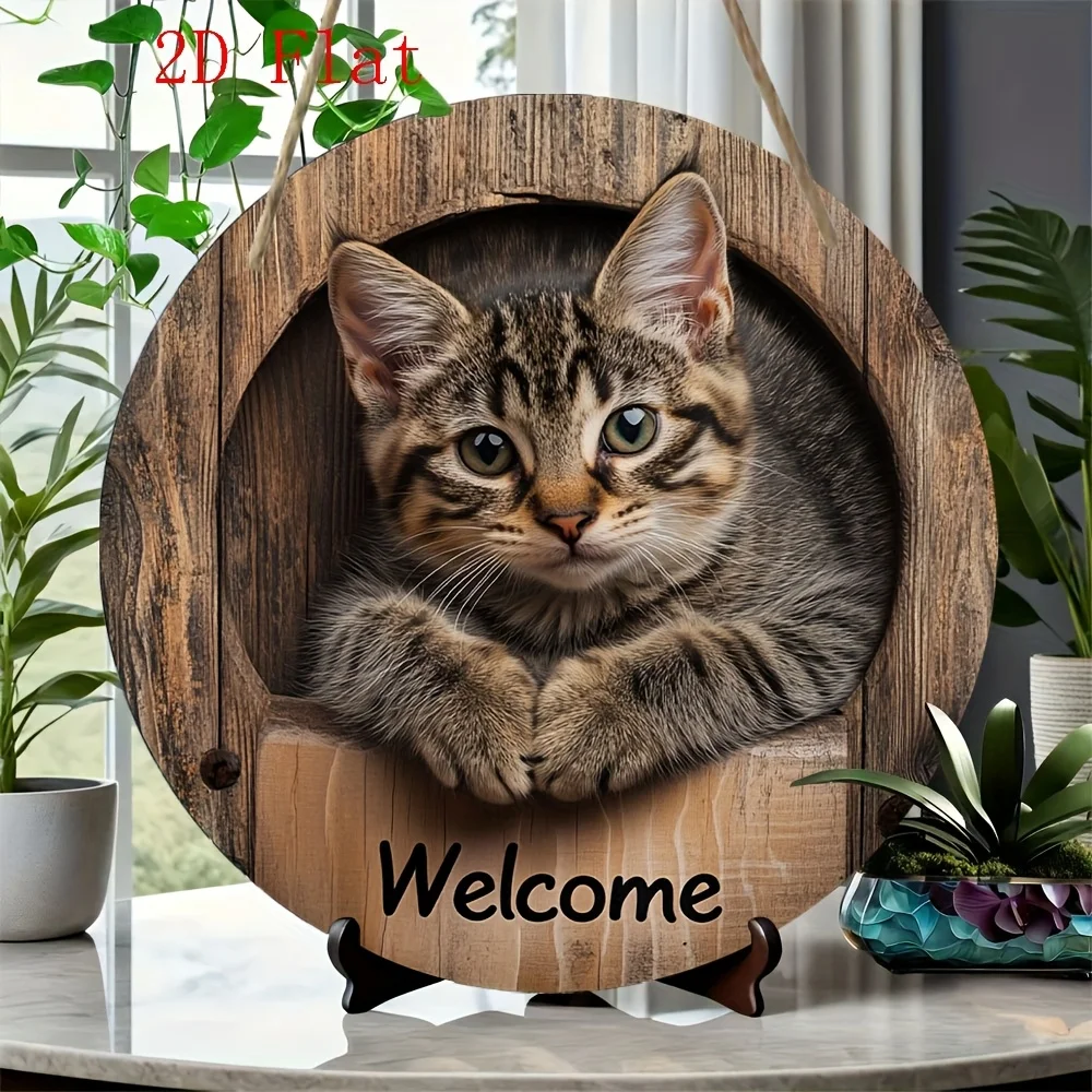 Round Wooden Cat Welcome Sign for Home Decor 4 Round Wooden Cat Welcome Sign for Home Decor - Image 4