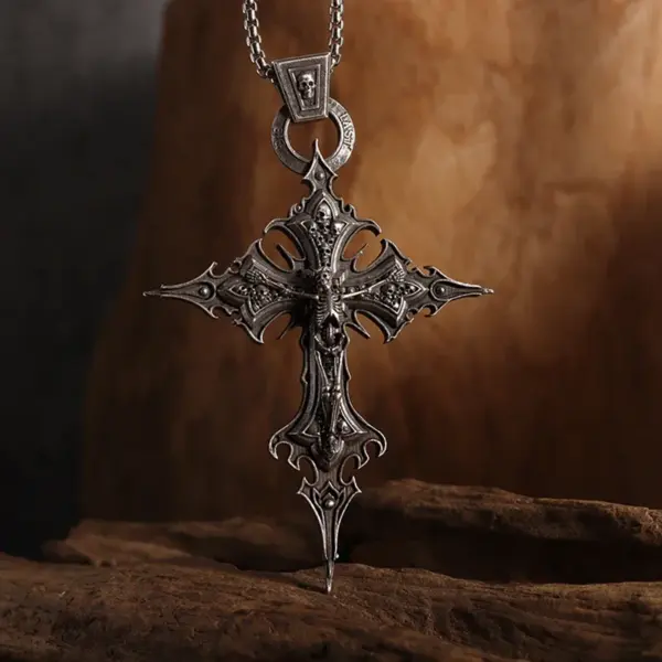 Vintage Gothic Skull Jesus Cross Pendant Necklace - Image 3