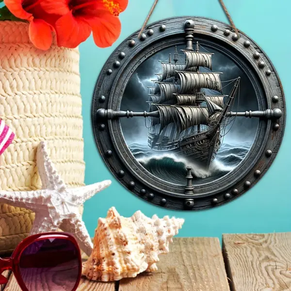 Pirate Ship Round Wooden Wall Sign - Image 2