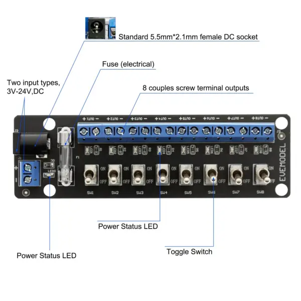 Evemodel 3V-24V Power Distribution Module with Switches - Image 4