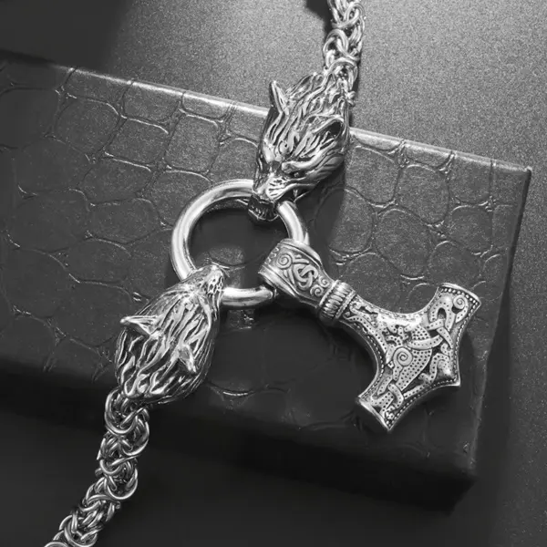 Vintage Nordic Wolf and Thor's Hammer Necklace for Men - Image 3