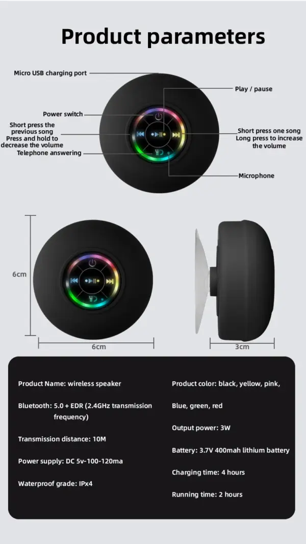 Portable Waterproof Bluetooth Shower Speaker with LED Lights - Image 6