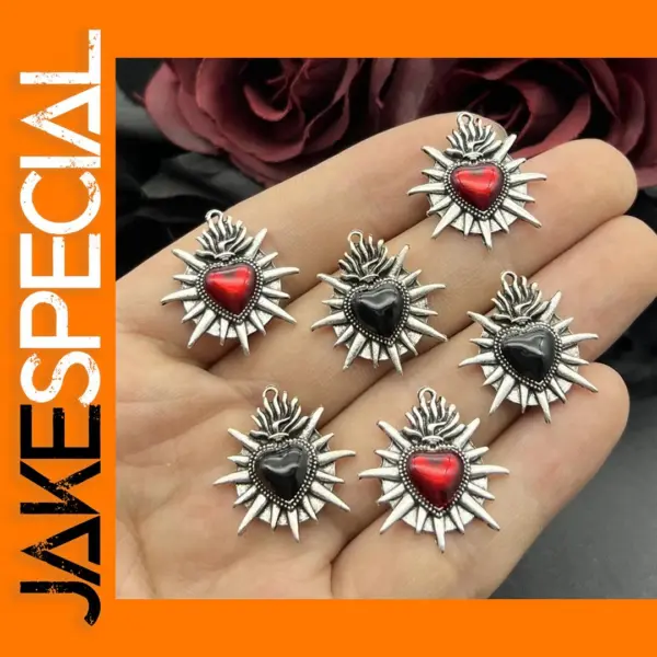 6pcs Flaming Sacred Heart Charms Pendant Set
