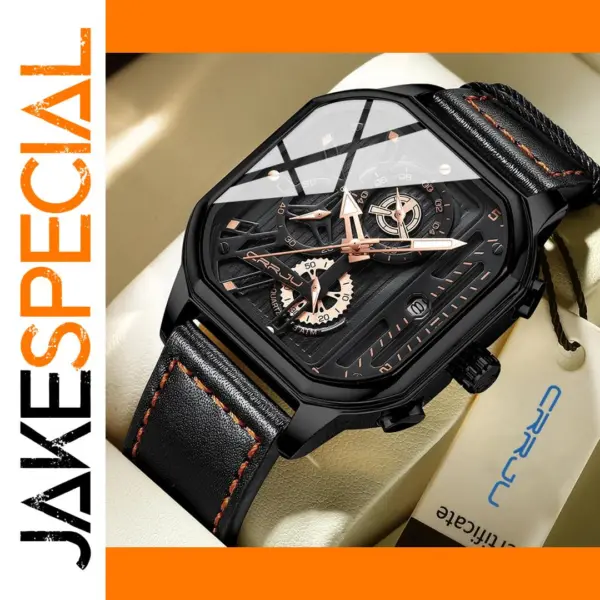 Men's Square Dial Leather Quartz Chronograph Watch
