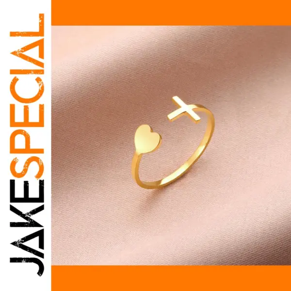 Gold Stainless Steel Heart Cross Ring for Women