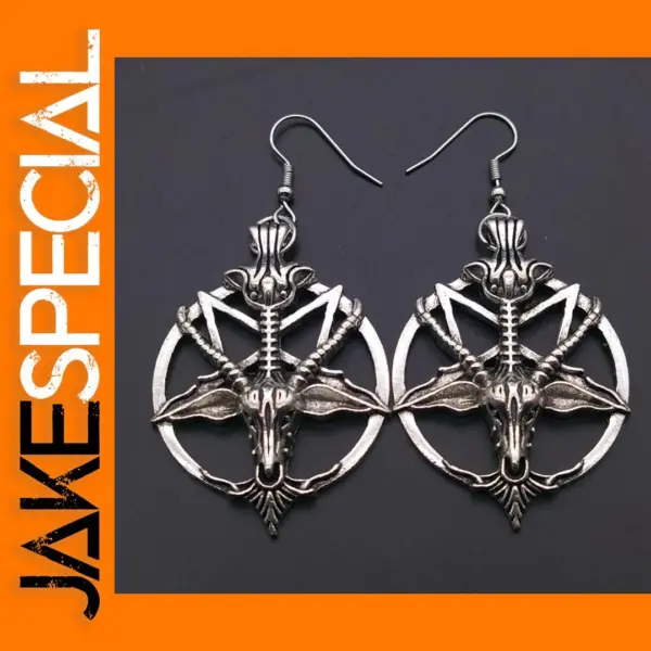 Gothic Pentagram Goat Skull Pendant Earrings