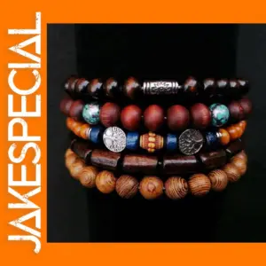 Vintage Wood Beads Charm Bracelets Set