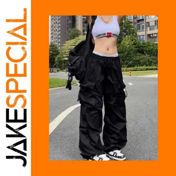 Y2K Black Cargo Parachute Pants for Women