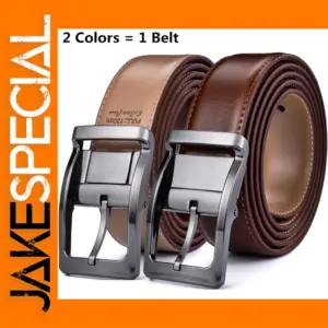 Men's Reversible Leather Dress Belt with Rotating Buckle
