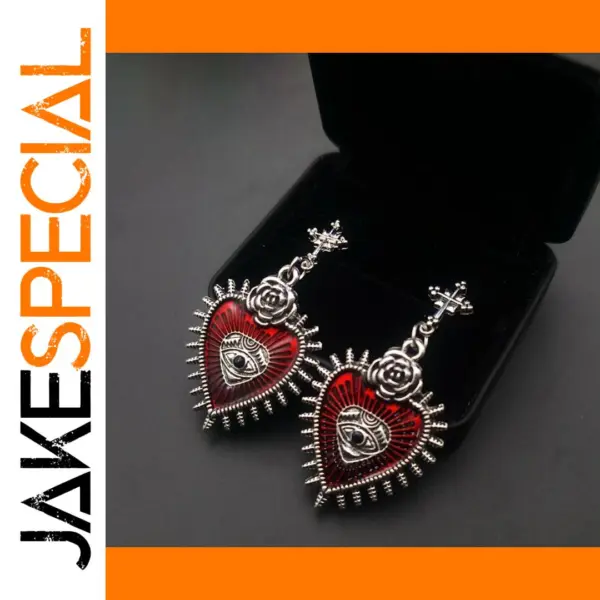 Gothic Drop Earrings with Heart and Rose Design