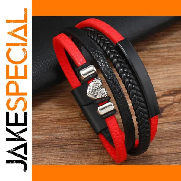 Vintage Black Red Leather Skull Cuff Bracelet