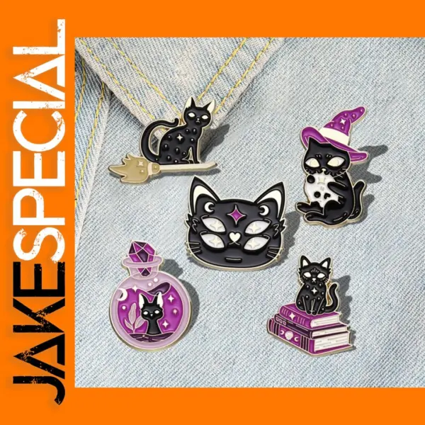 Gothic Animal Enamel Brooch with Cat Design