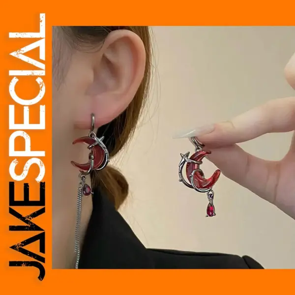 Red Moon Asymmetric Drop Earrings Black