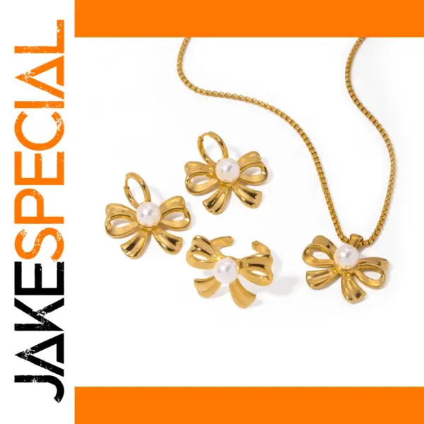 Stainless Steel Pearl Bow Jewelry Set for Women