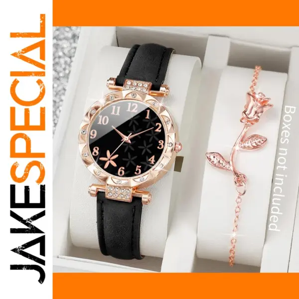 2PCS Women's Floral Dial Watch and Bracelet Set