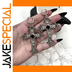 Gothic Silver Tone Cross Drop Earrings for Women