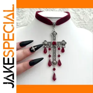 Neo-Gothic Red Velvet Cross Choker