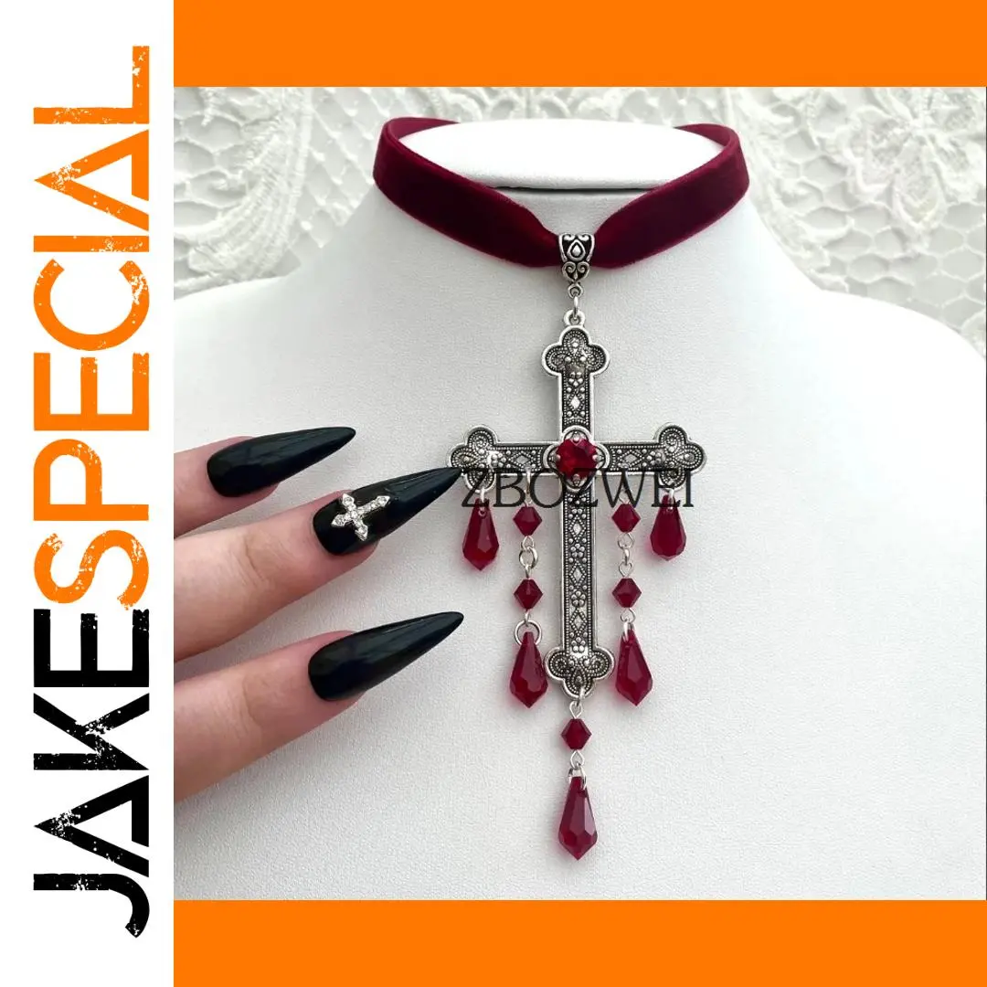 Neo-Gothic Red Velvet Cross Choker 1 Neo-Gothic Red Velvet Cross Choker