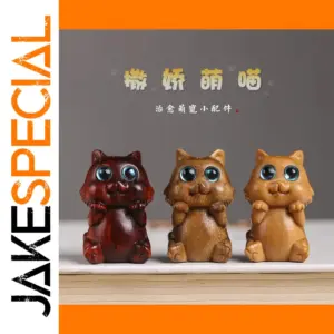 Cute Wooden Cat Figurine Keychain Pendant