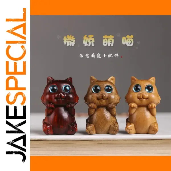 Cute Wooden Cat Figurine Keychain Pendant