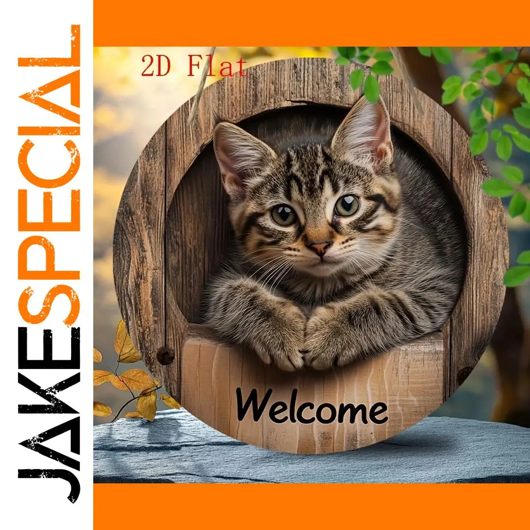 Round Wooden Cat Welcome Sign for Home Decor 1 Round Wooden Cat Welcome Sign for Home Decor