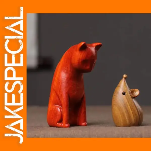 Cute Wooden Cat and Rat Figurines Set