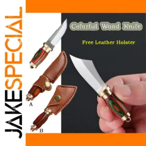 Mini Brass Wood Straight Knife with Leather Case