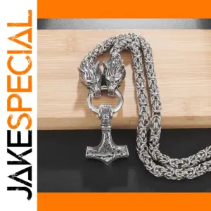 Vintage Nordic Wolf and Thor's Hammer Necklace for Men