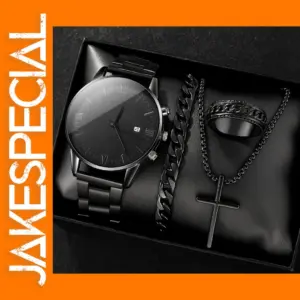 Men's Black Quartz Watch and Accessory Set