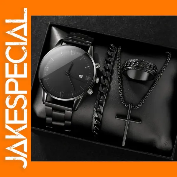 Men's Black Quartz Watch and Accessory Set