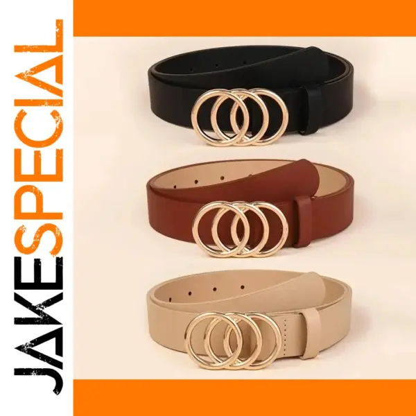 Golden Triple Ring PU Leather Belt for Women