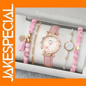 5PC Women's Pink Flower Leather Watch Set