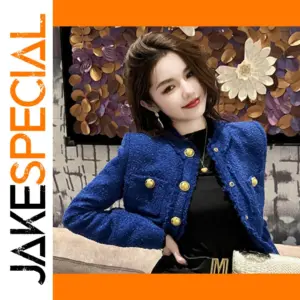 Elegant White Blue Tweed Women's Short Jacket