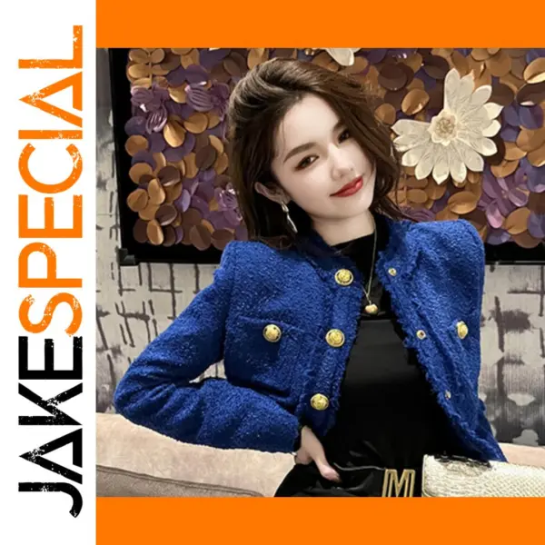 Elegant White Blue Tweed Women's Short Jacket