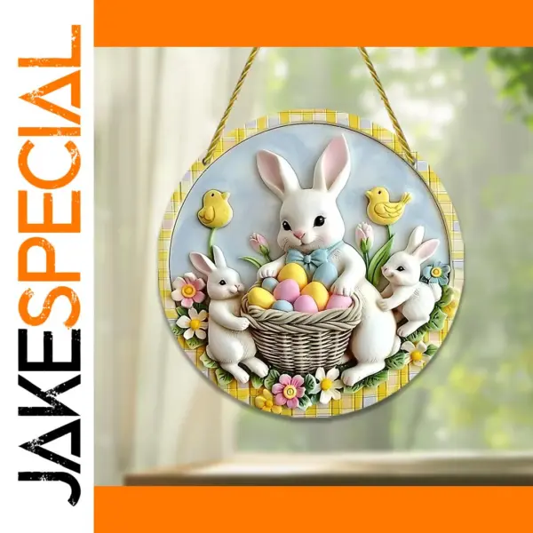 Spring Theme White Rabbit Tulip Round Frame Decor