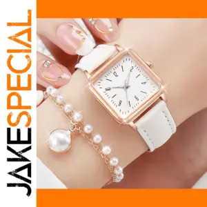 Square Quartz Watch with Pearl Bracelet Set