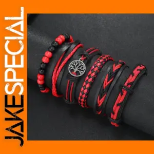 Red Handmade Leather Wrap Bracelets Set