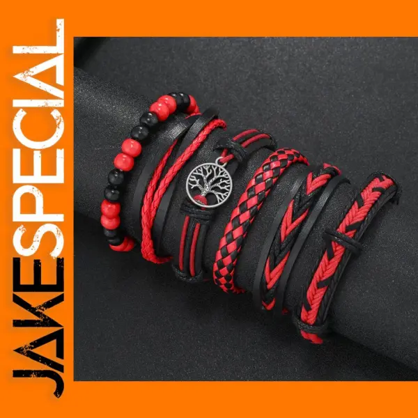 Red Handmade Leather Wrap Bracelets Set