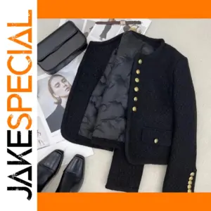 Women's Tweed Crop Jacket O-neck Long Sleeve