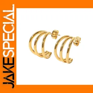 Glossy Three-Line Stud Earrings in Gold