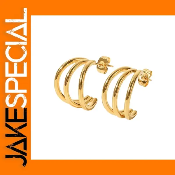Glossy Three-Line Stud Earrings in Gold
