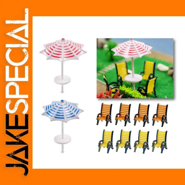 2 Sets N Scale Plastic Model Umbrellas and Chairs