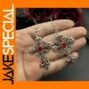 Gothic Cross Drop Earrings with Red Crystals