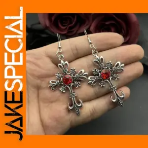 Gothic Cross Drop Earrings with Red Crystals