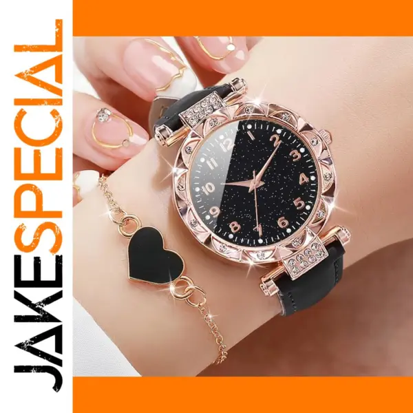 2PCS Women's Quartz Watch and Heart Bracelet