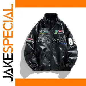 Black Faux Leather Sports Jacket with Embroidery