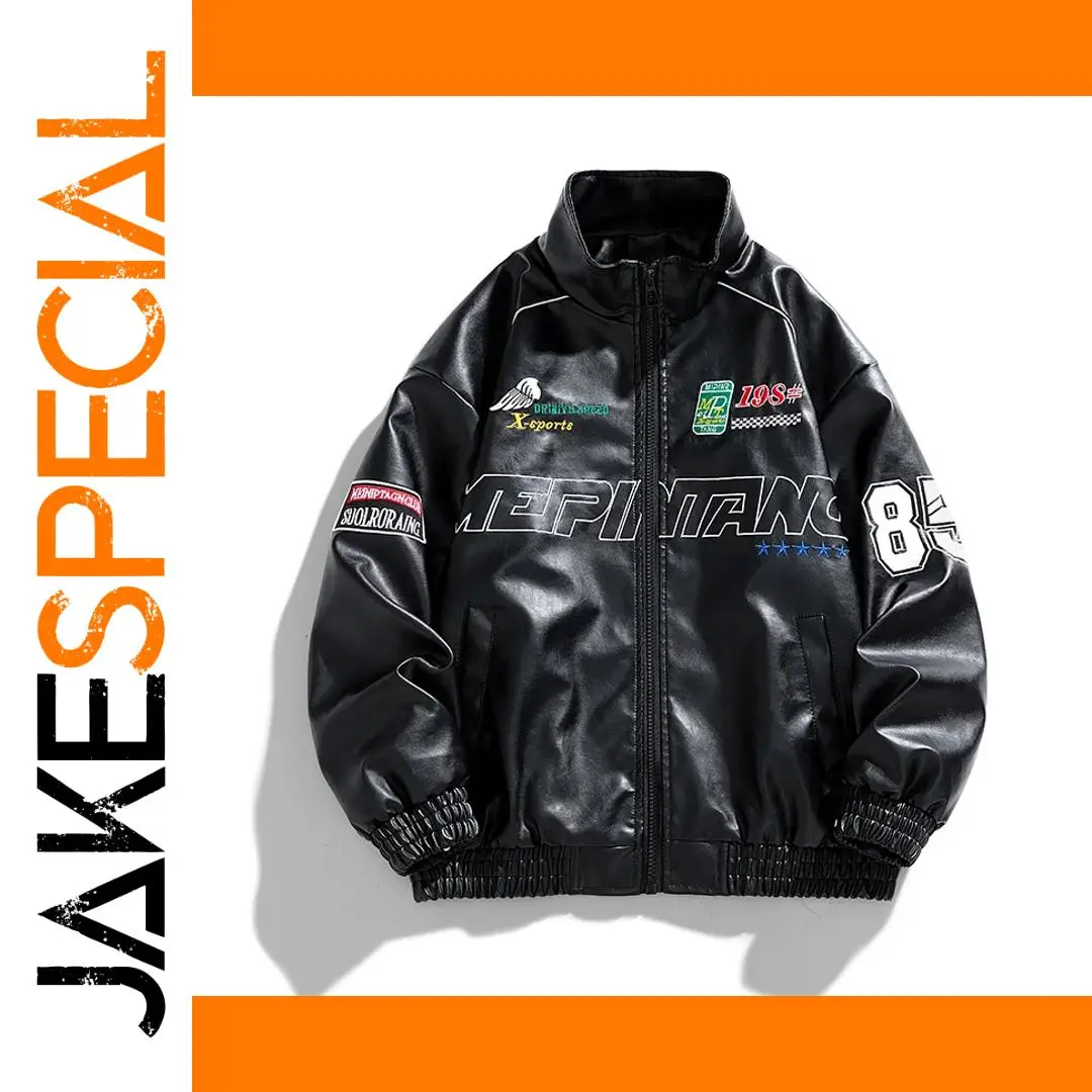 Black Faux Leather Sports Jacket with Embroidery 1 Black Faux Leather Sports Jacket with Embroidery