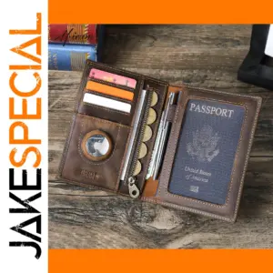 Genuine Leather Passport Holder with AirTag Slot
