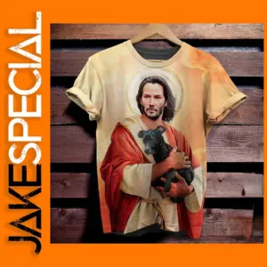 Funny Jesus and Dog Print T-Shirt for Streetwear