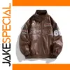 Brown PU Leather Jacket with Patches